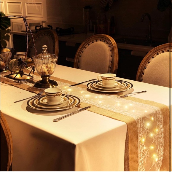Rustic Lace Farmhouse Jute 9ft Table Runner Wedding Decor w Fairy Light💡Table - Picture 7 of 9